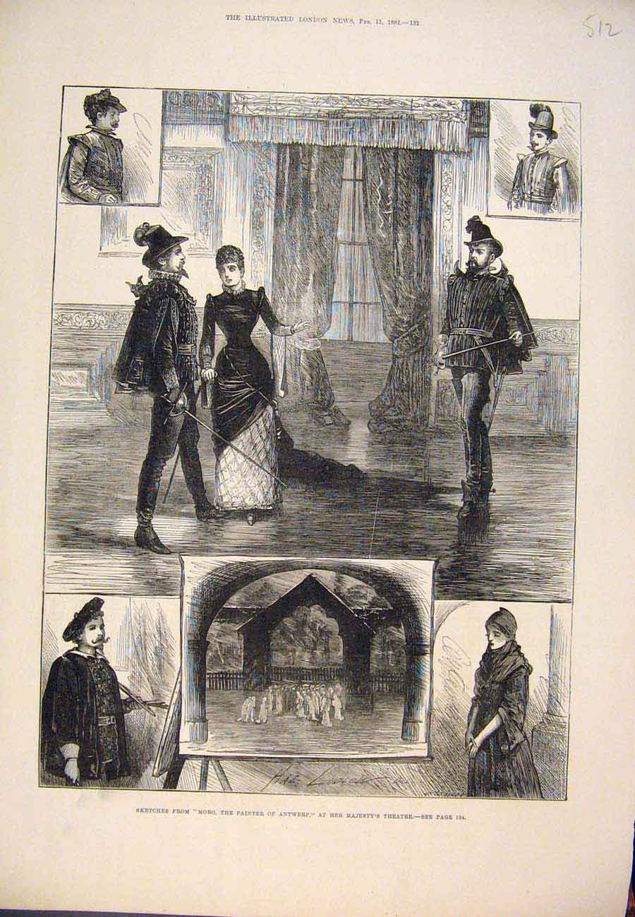Original Old Antique Print 1882 Sketches Moro Antwerp Majesty'S Theatre London