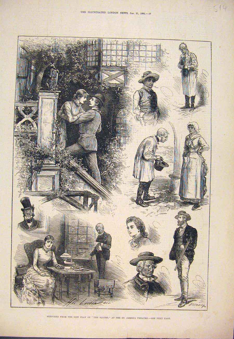 Original Old Antique Print 1882 Sketches Squire St James'S Theatre Scenes Play