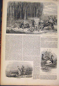 Original Old Antique Print 1855 Fox Hunting Tally-Ho Hounds Hunt Swan Geese 19th