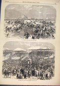 Original Old Antique Print 1866 Derby Day Races Horse Racing Crowds Victorian