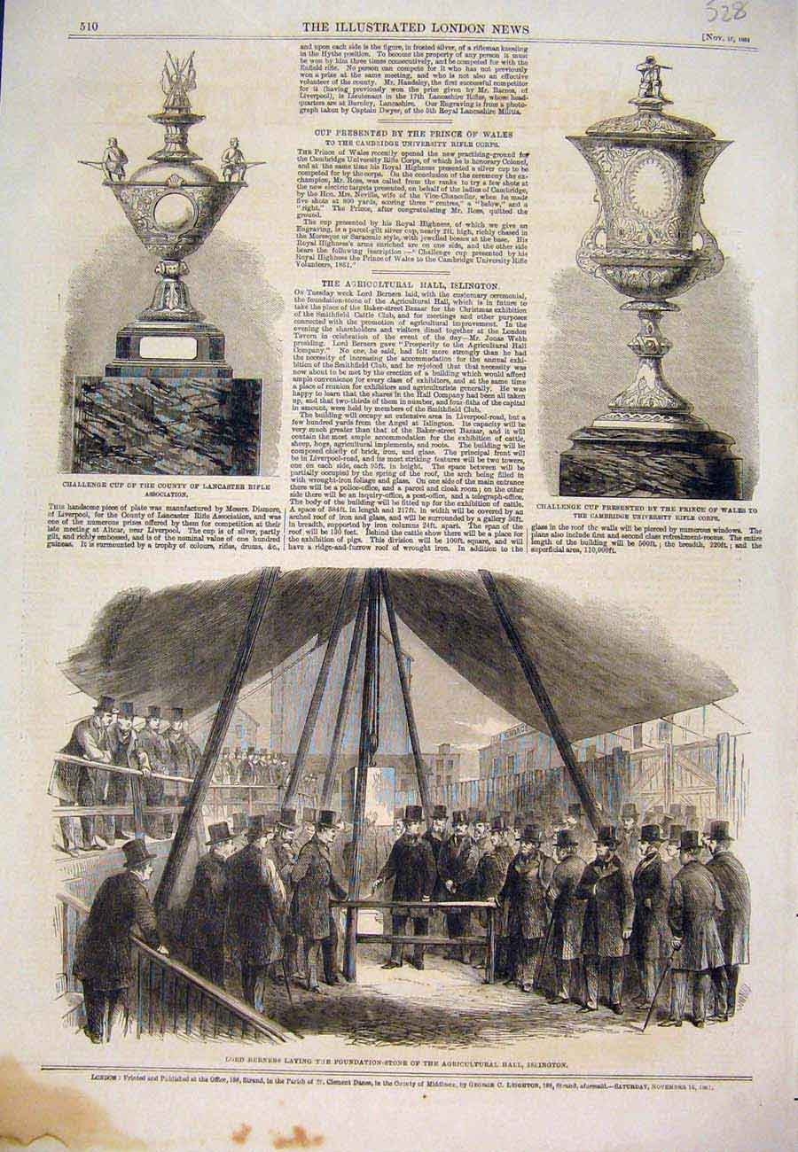 Old Antique Print 1861 Challenge Cup Rifle Berners Agricultural Islington 19th