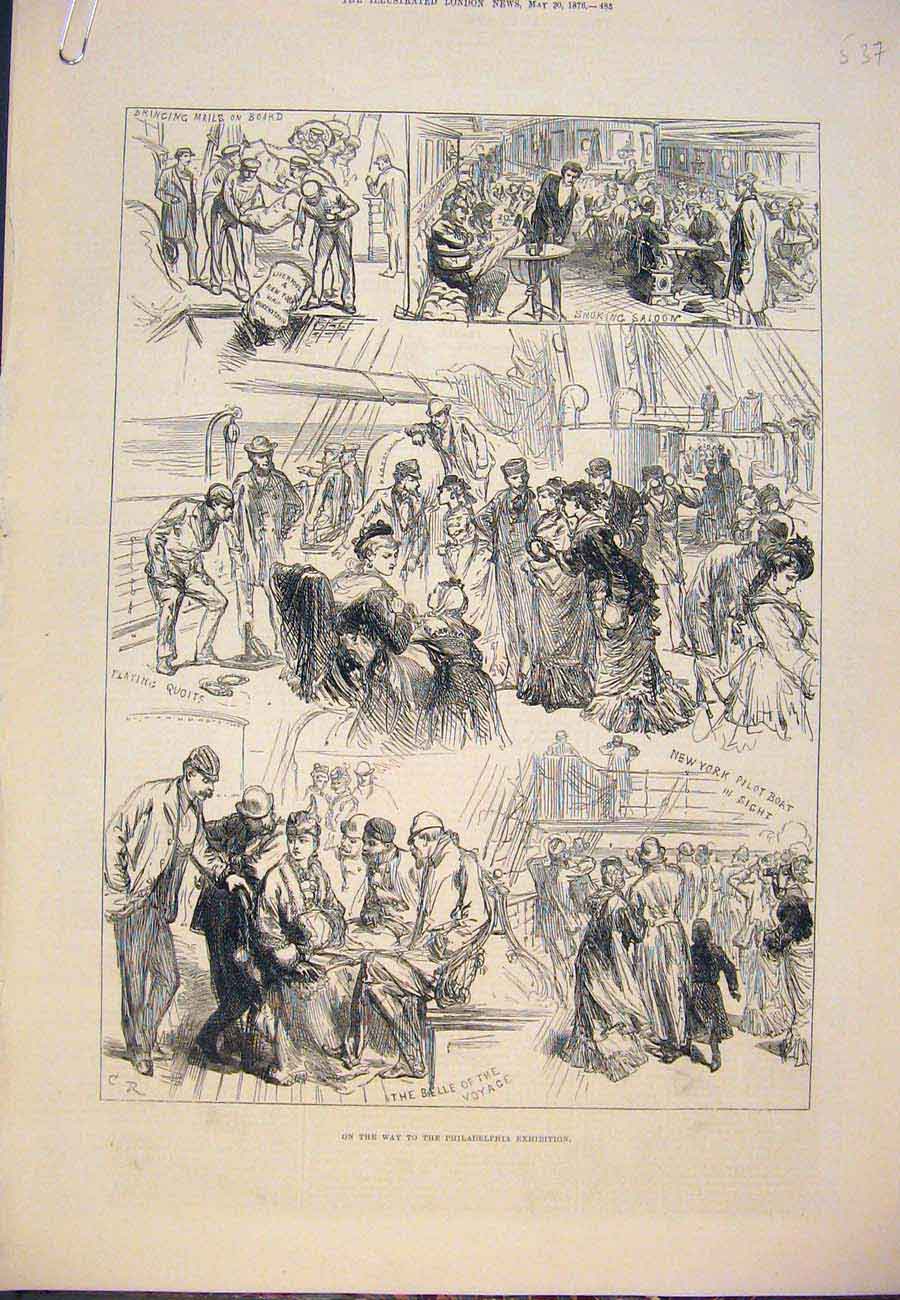 Original Old Antique Print Philadelphia Exhibition Sketches Boat 1876 Victorian