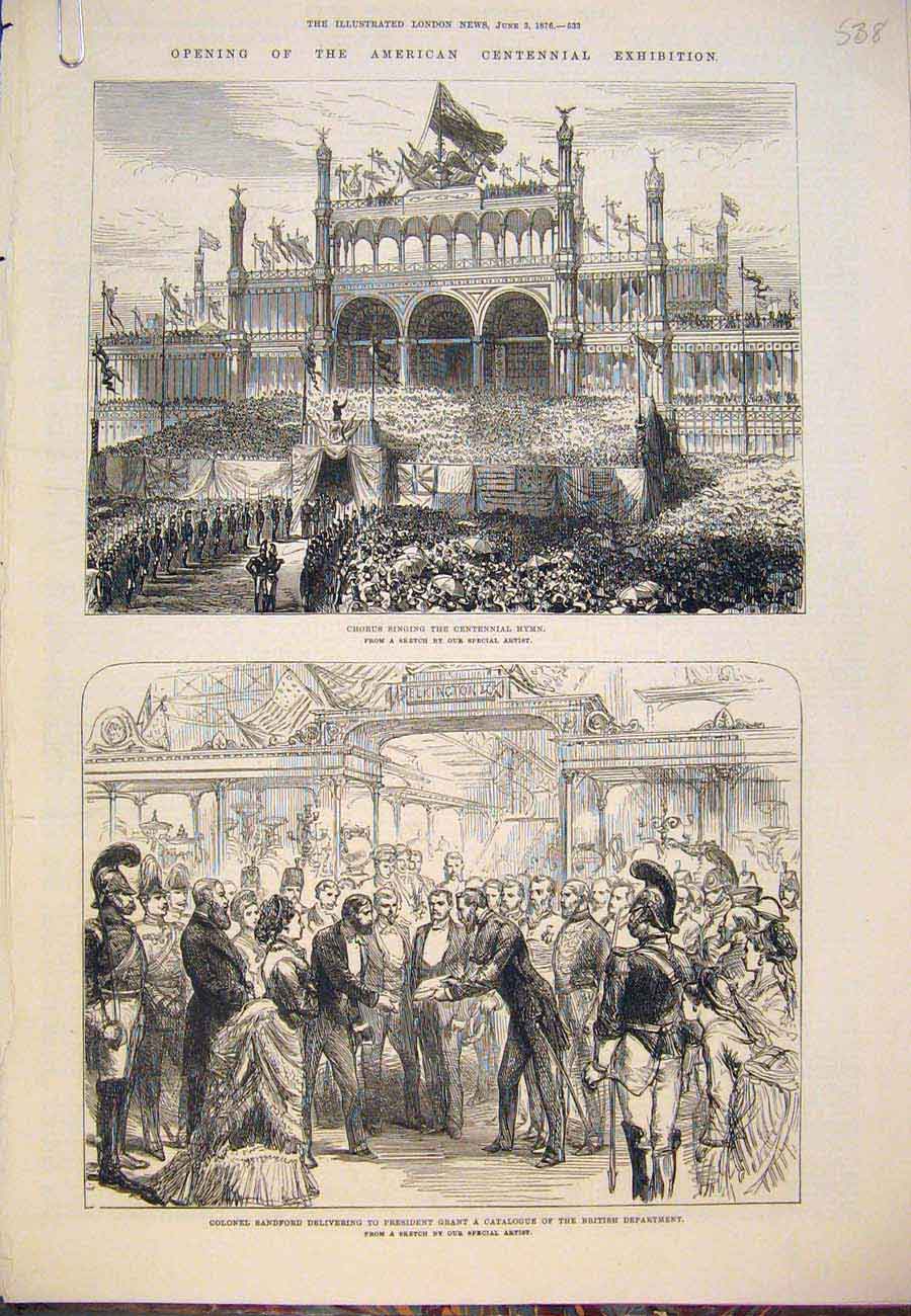 Original Old Antique Print American Centennial Exhibition Grant Procession 1876