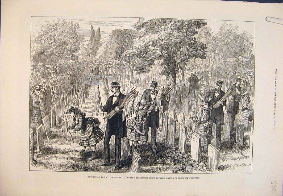 Original Old Antique Print 1876 Philadelphia Glenwood Cemetery Grant America