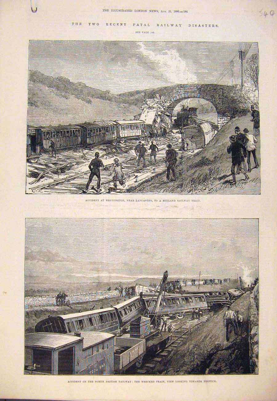 Original Old Antique Print 1880 Railway Disaster Wennington Train Wreck Berwick