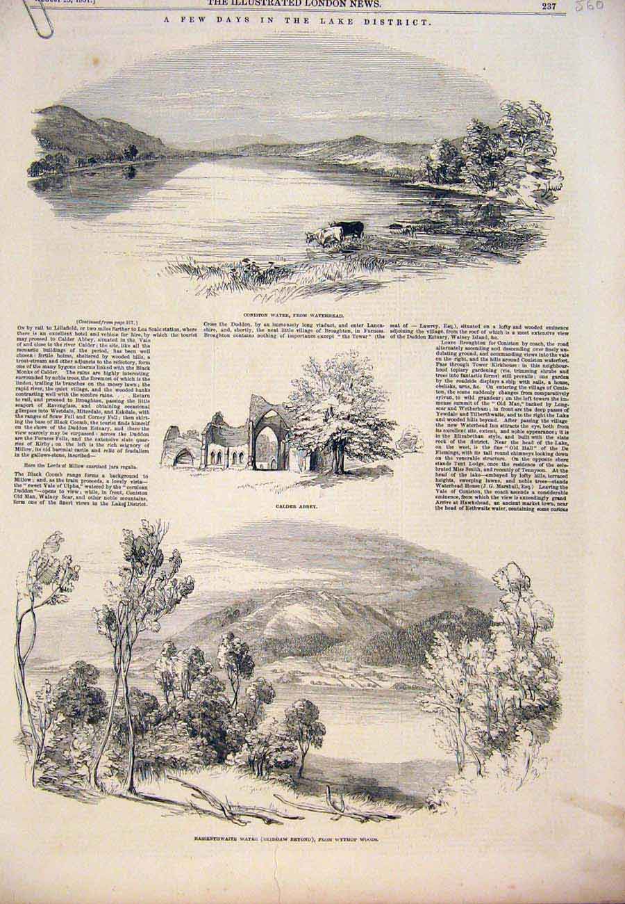 Original Old Antique Print 1851 Lake District Coniston Water Allswater Wythop