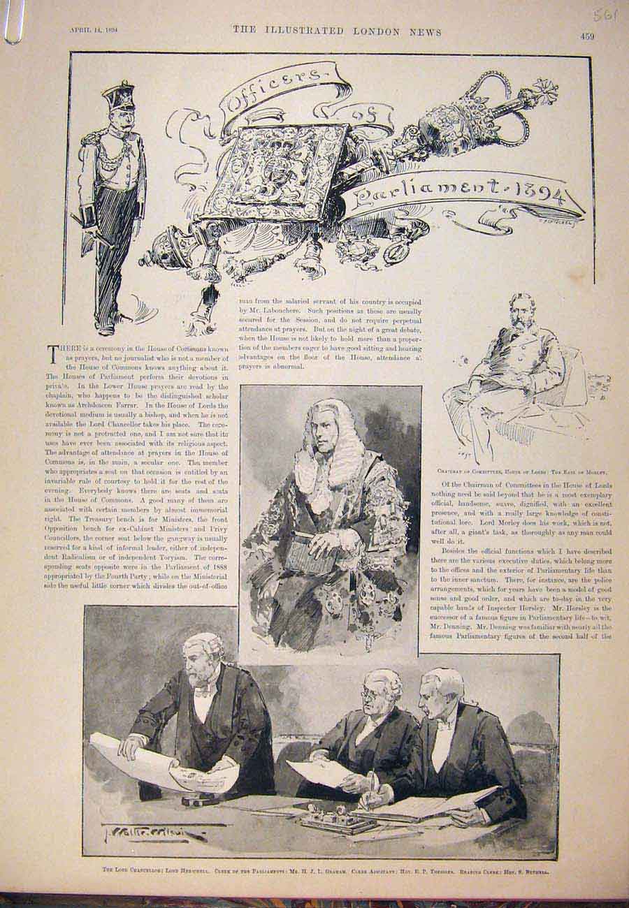 Old Antique Print 1894 Officers Parliament Lord Chancellor Speaker Clerk 19th