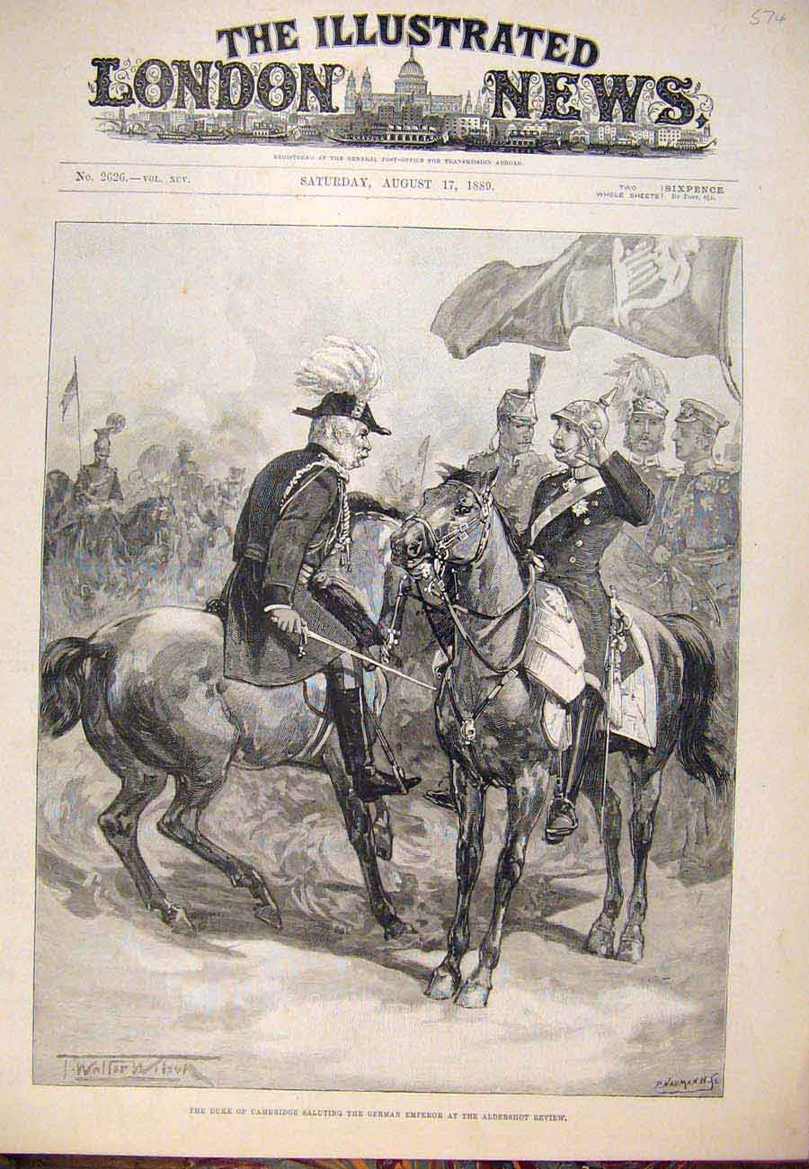 Original Old Antique Print 1889 Duke Cambridge German Emperor Aldershot Review
