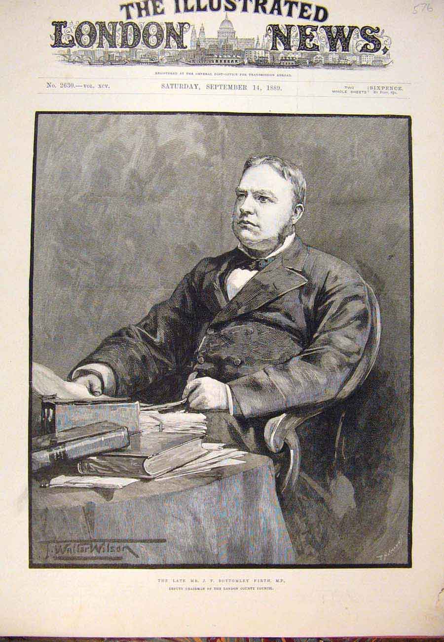 Original Old Antique Print 1889 Portrait Bottomley Firth London County Council