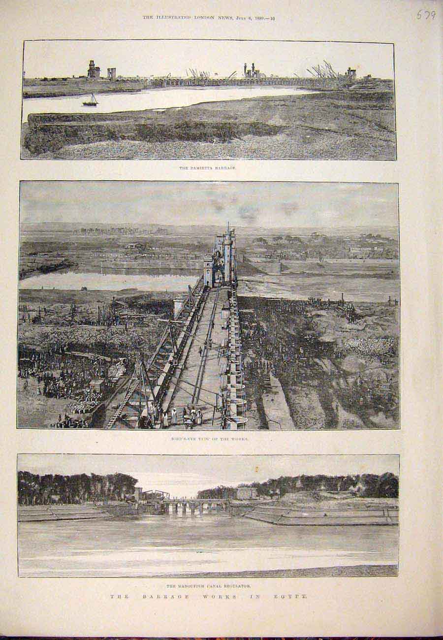 Original Old Antique Print 1889 Barrage Works Egypt Manoufieth Canal Damietta
