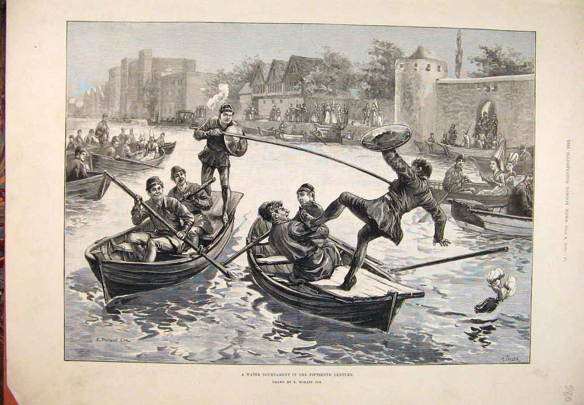 Original Old Antique Print 1889 Water Tournament Fifteenth Century Morant Cox