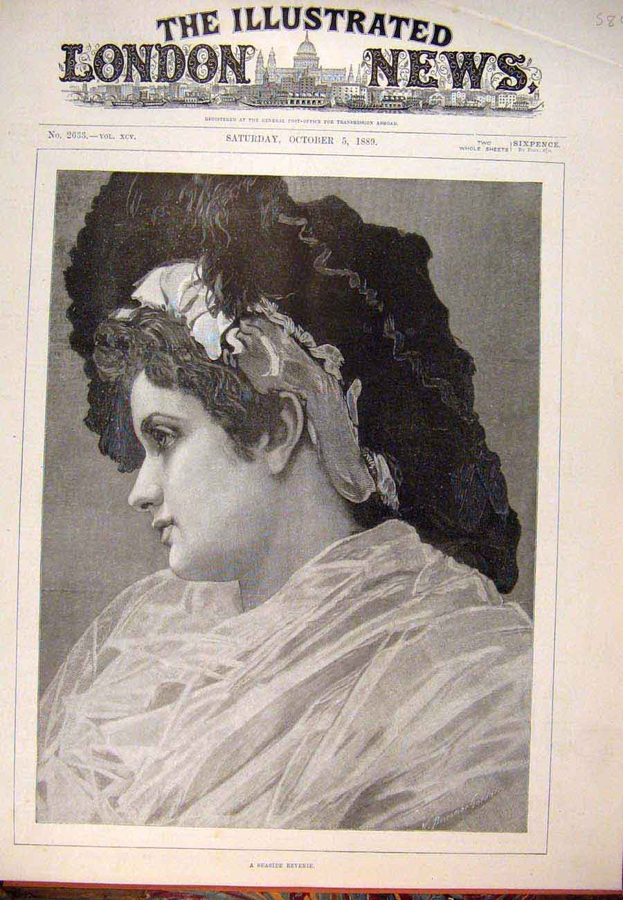 Original Old Antique Print 1889 Seaside Reverie Portrait Lady Girl Gardner 19th
