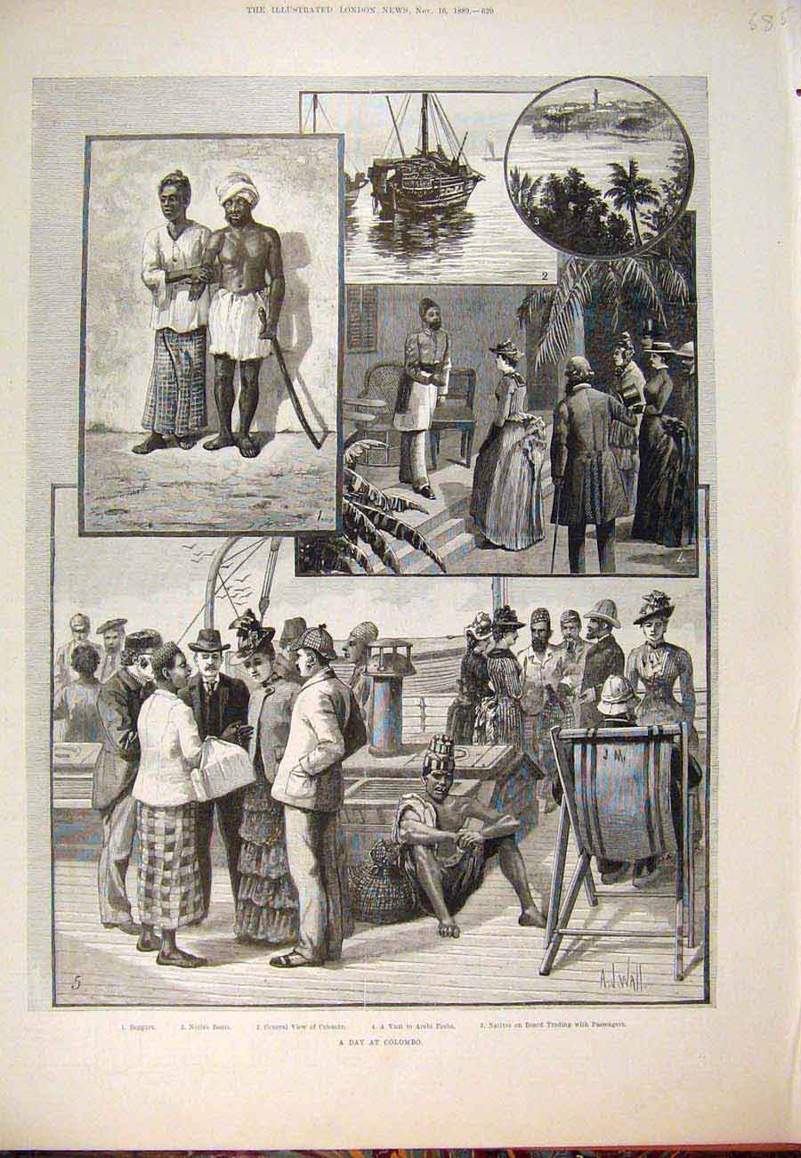 Original Old Antique Print 1889 Day Colombo Beggars Boats Arabi Pasha Victorian