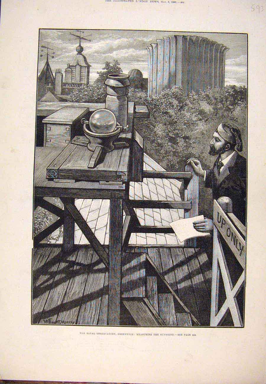 Original Old Antique Print 1880 Royal Observatory Greenwich Measuring Sunshine