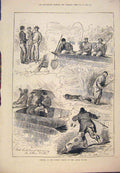 Original Old Antique Print 1879 Fishing Season Thames Fishermen Sketches Temple
