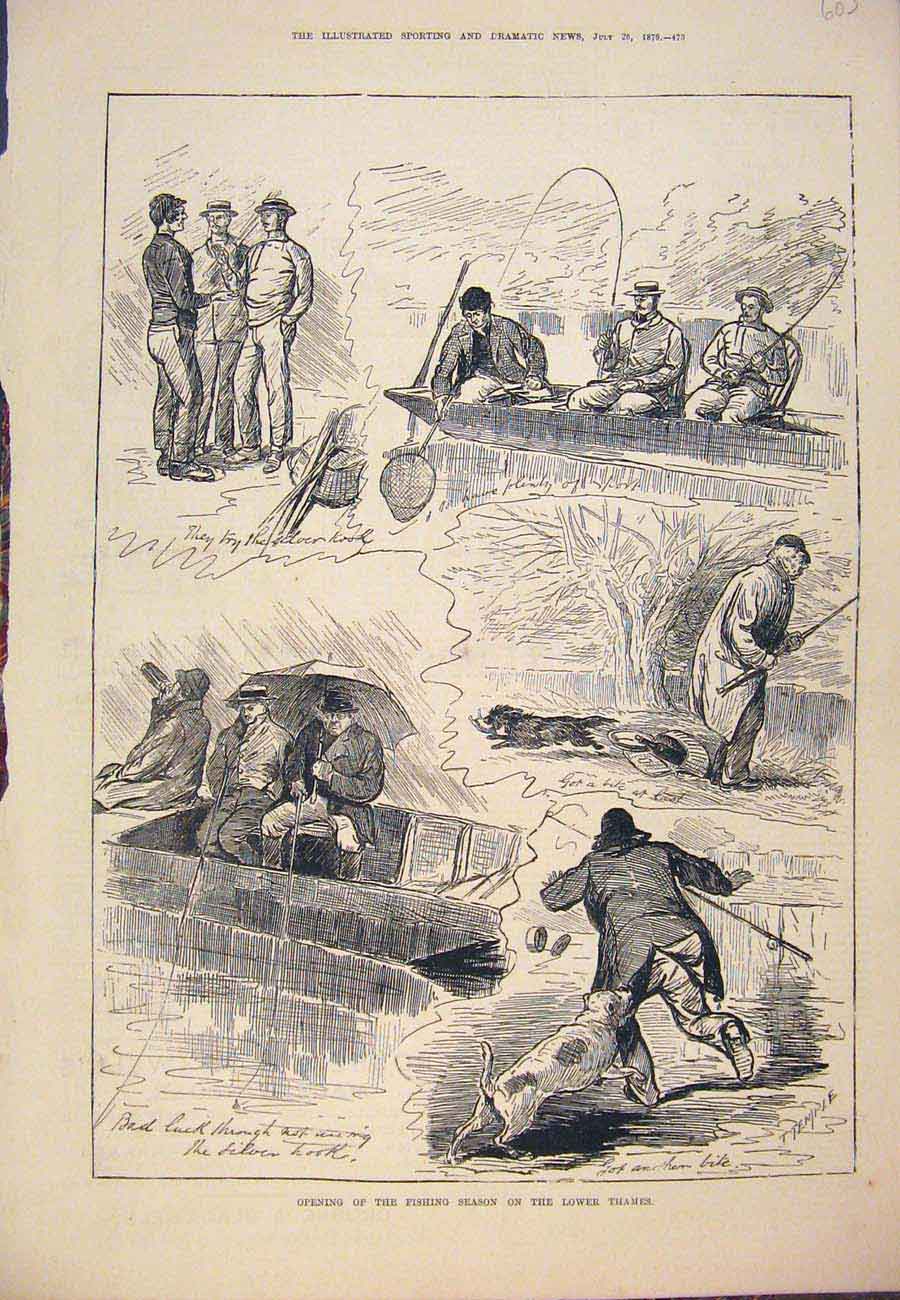 Original Old Antique Print 1879 Fishing Season Thames Fishermen Sketches Temple
