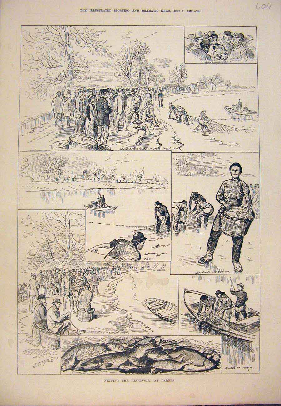 Original Old Antique Print 1879 Netting Resevoirs Barnes Fishing Fish Victorian