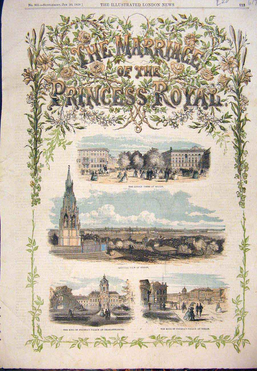 Original Old Antique Print 1858 Marriage Princess Royal Berlin Charlottenburg