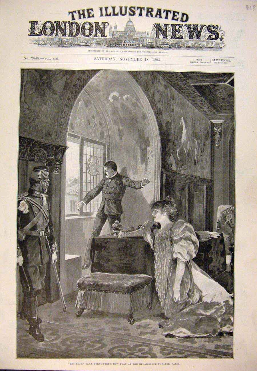 Original Old Antique Print 1893 Renaissance Theatre Paris France Bernhardt Play