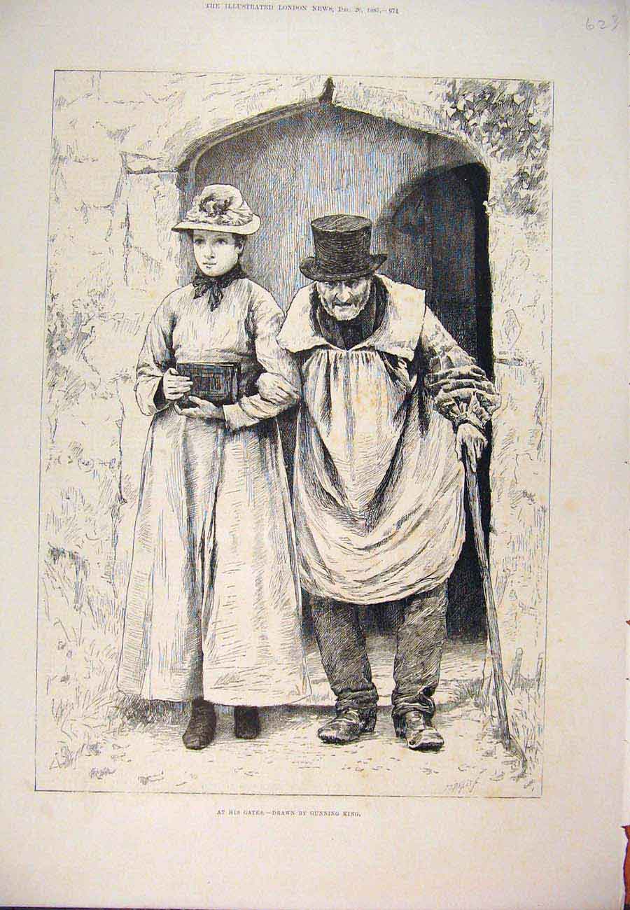Original Old Antique Print 1885 At His Gates Gunning King Man Lady Fine Art 19th