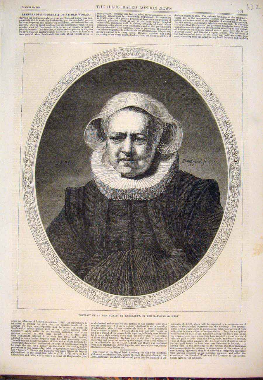 Original Old Antique Print 1868 Portrait Woman Rembrandt National Gallery 19th