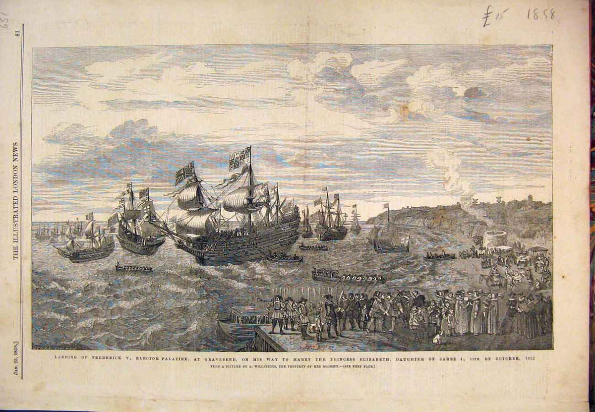 Original Old Antique Print 1858 Frederick Elector Palatine Gravesend Willaertts