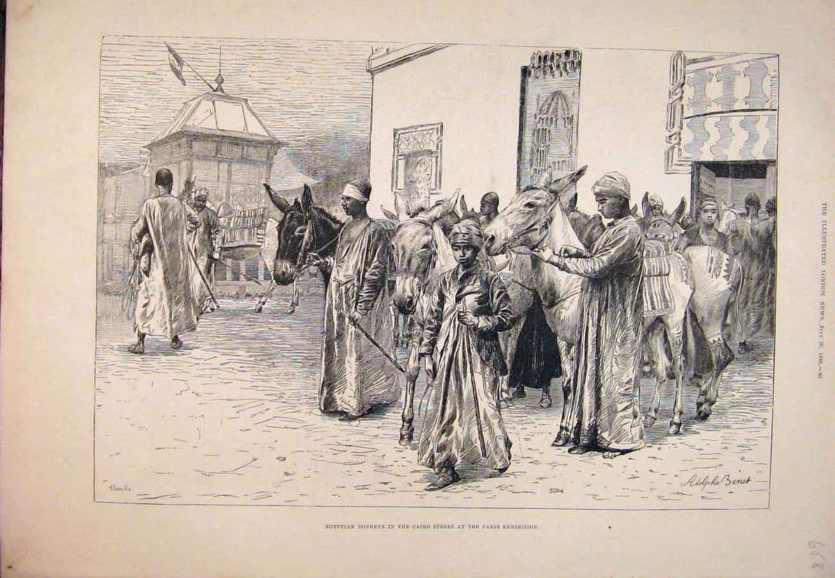 Original Old Antique Print 1889 Egyptian Donkeys Cairo Street Paris Exhibition