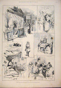 Original Old Antique Print 1888 Irish Exhibition Fancy Fair Market Place Ireland