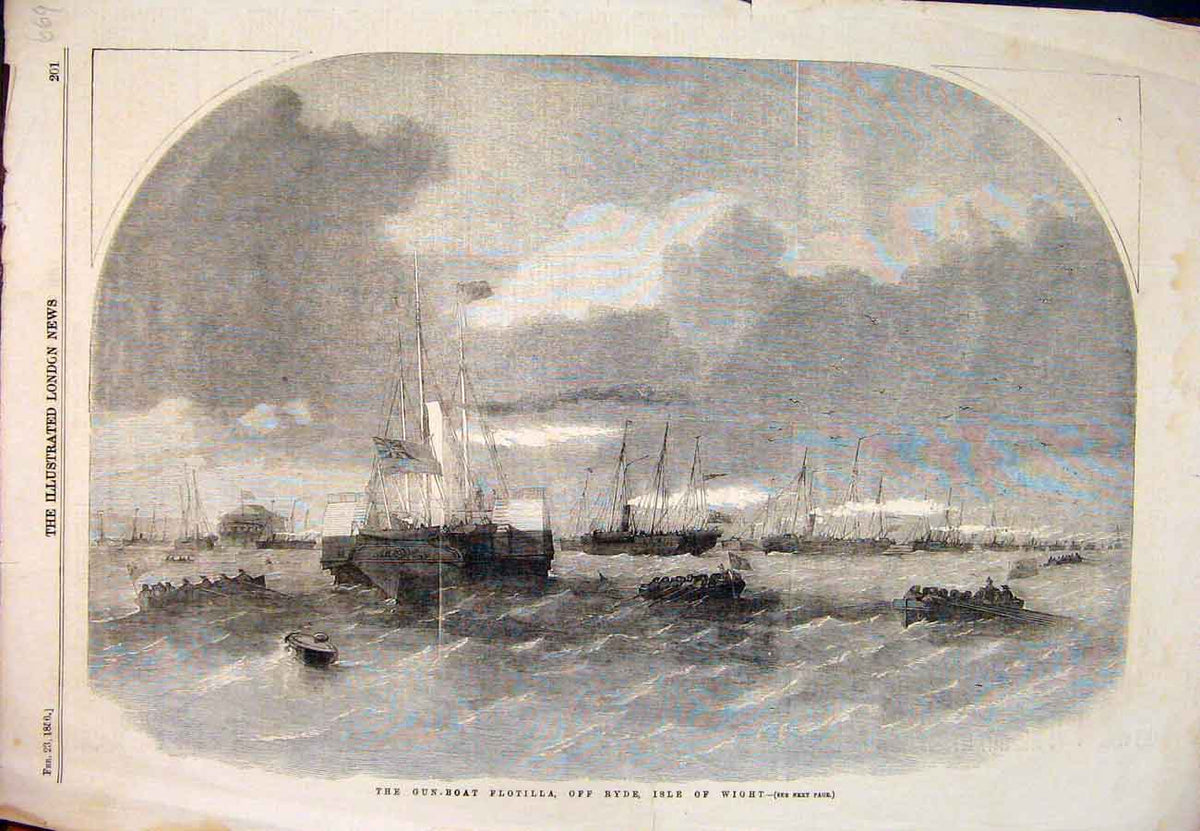Original Old Antique Print 1856 Gun-Baot Flotilla Ryde Isle Wight Ships Sea 19th