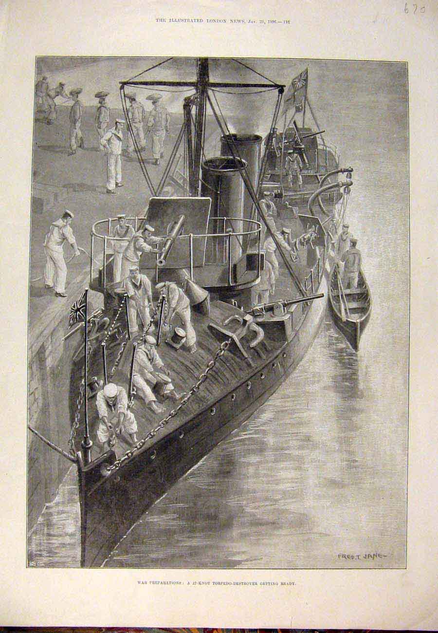 Original Old Antique Print 1896 War Preparations Torpedo Destroyer Jane 19th