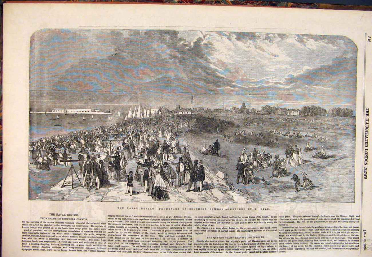 Original Old Antique Print 1856 Naval Review Promenade Southsea Common Read 19th