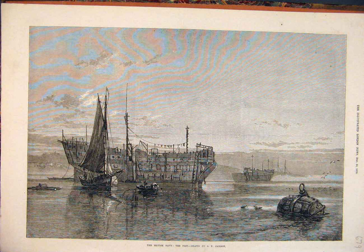 Original Old Antique Print 1870 British Navy The Past Jackson Ship Boats 19th