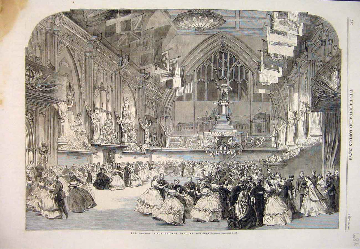Original Old Antique Print 1861 London Rifle Brigade Ball Guildhall Victorian