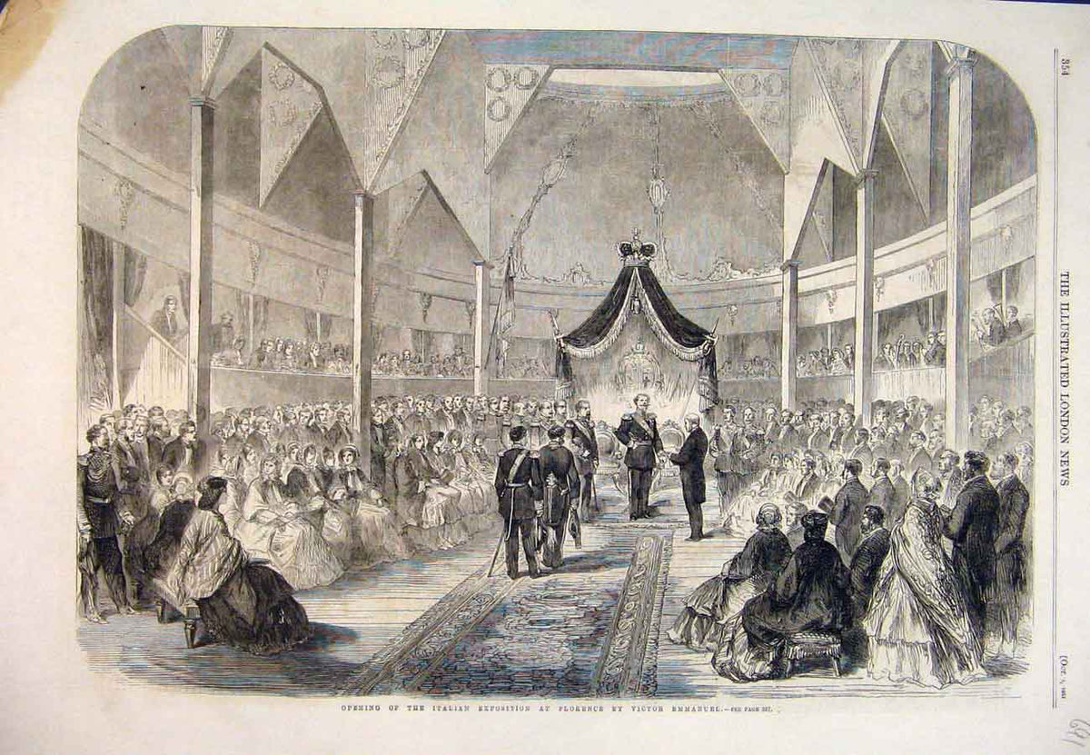 Original Old Antique Print 1861 Italian Exposition Florence Victor Emmanuel 19th