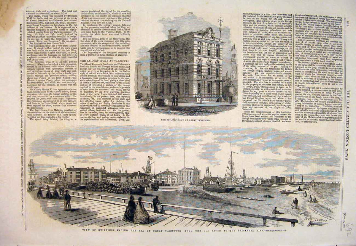 Original Old Antique Print 1861 Great Yramouth Sailor'S Home Buildings Britannia