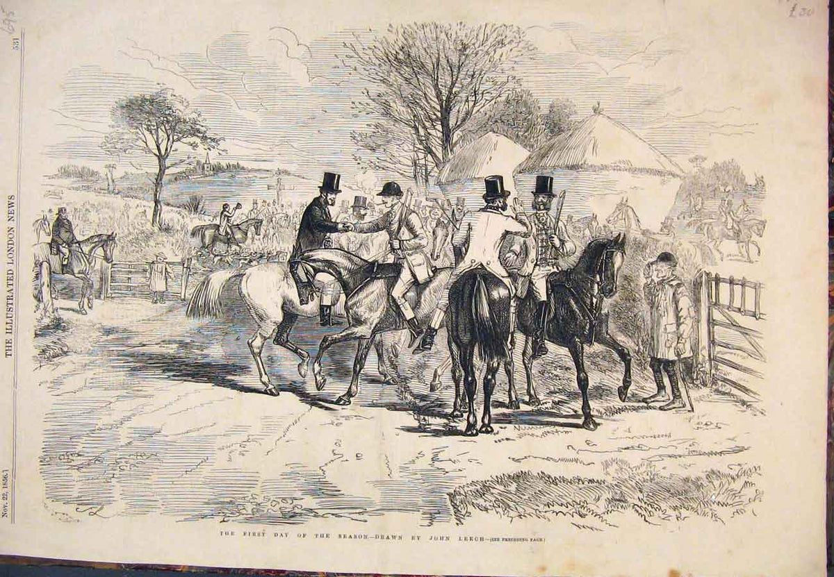 Original Old Antique Print 1856 Hunting Season Hunt Leech Horses Meet Hounds Art