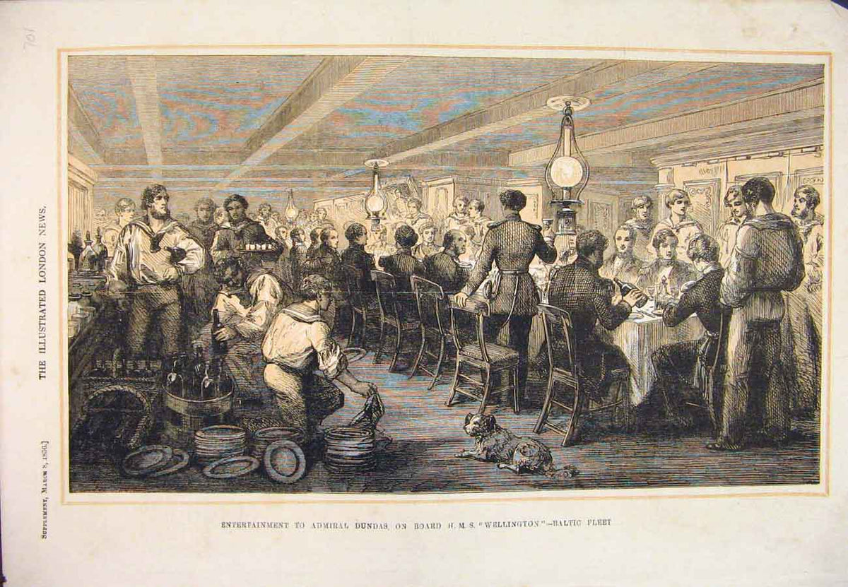 Original Old Antique Print 1856 Admiral Dundas Hms Wellington Baltic Fleet Ship