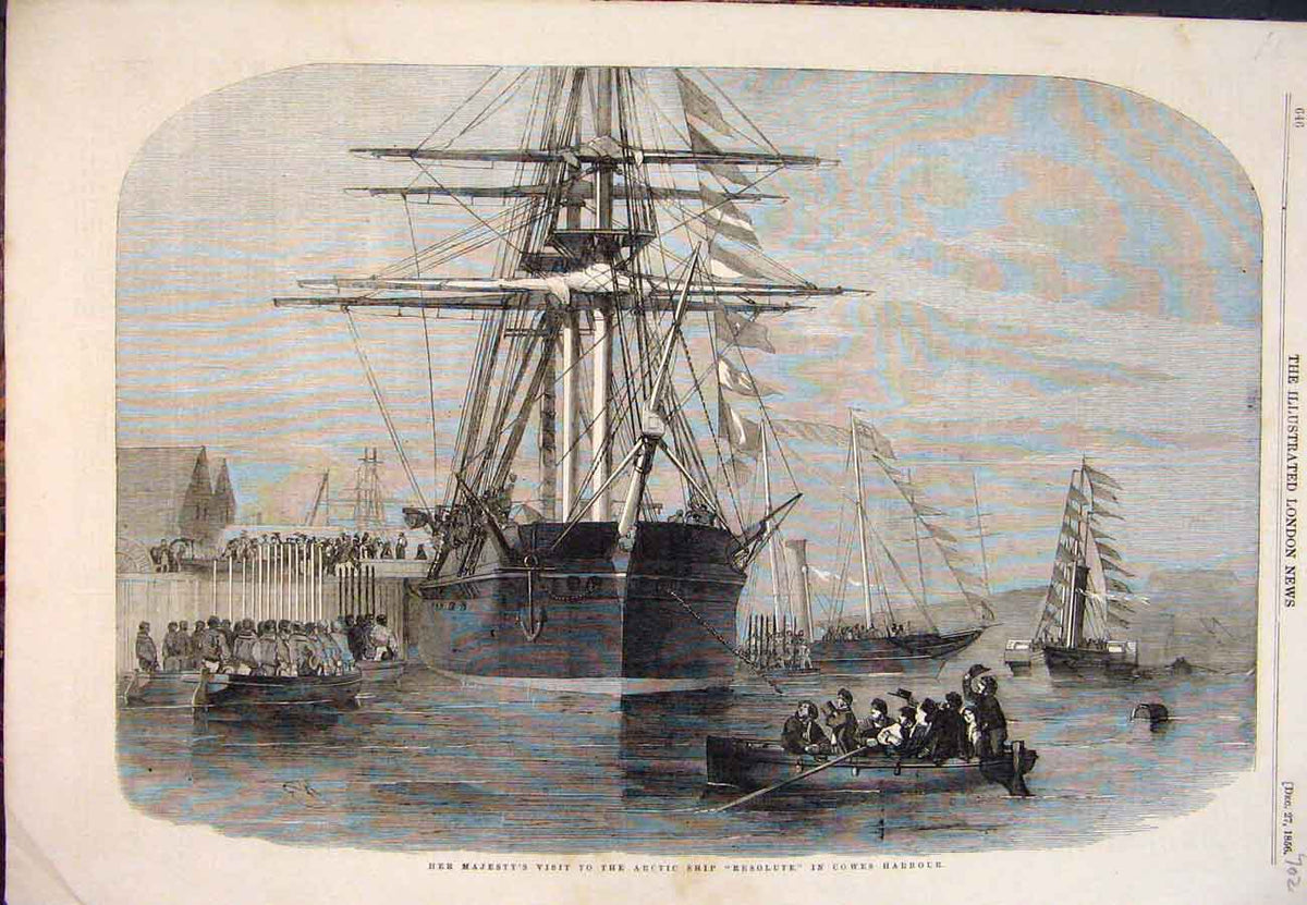 Original Old Antique Print 1856 Arctic Ship Resolute Cowes Harbour Queen Boats