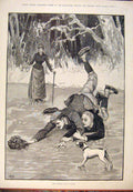 Original Old Antique Print 1890 Rivals Ice Skating Men Dog Lady Garland Fine Art