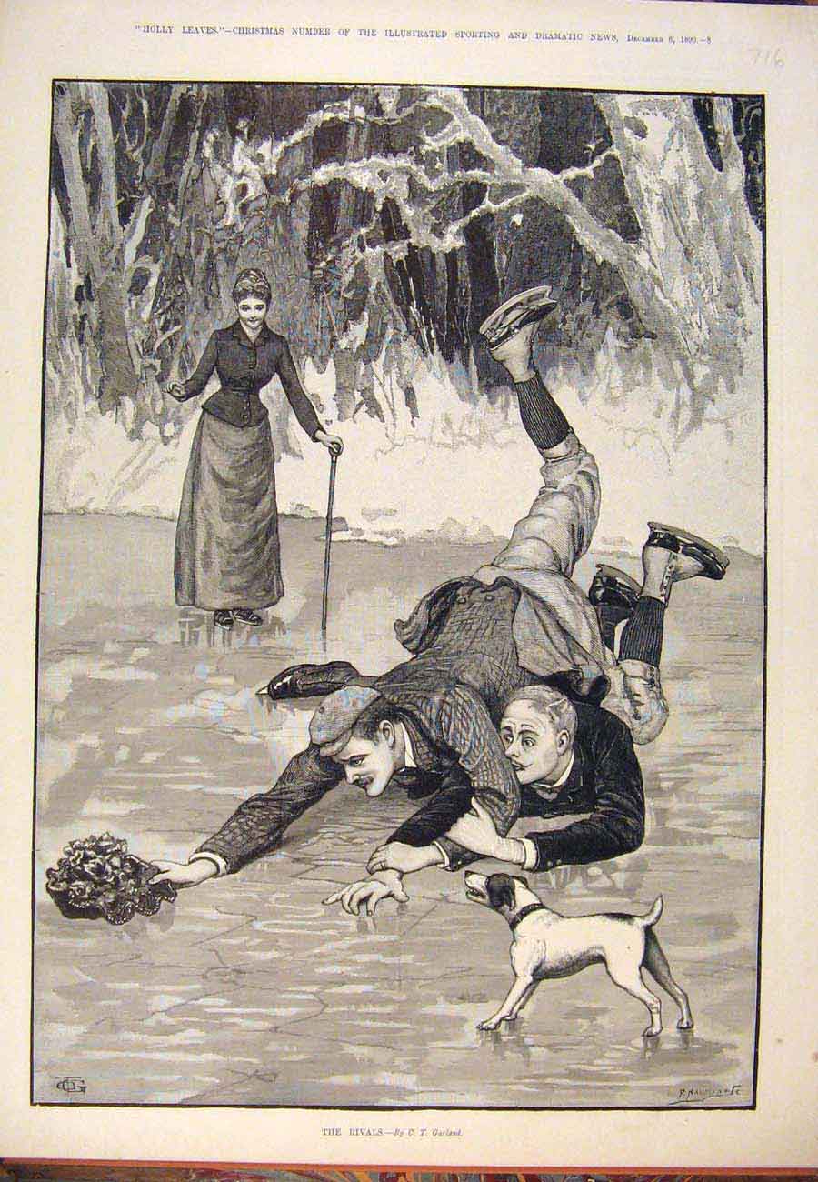 Original Old Antique Print 1890 Rivals Ice Skating Men Dog Lady Garland Fine Art