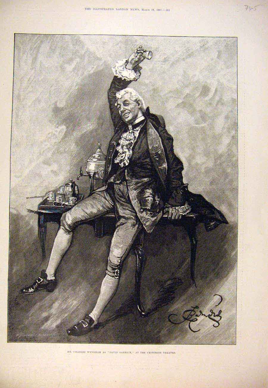 Original Old Antique Print 1887 Portrait Wyndham David Garrick Criterion Theatre