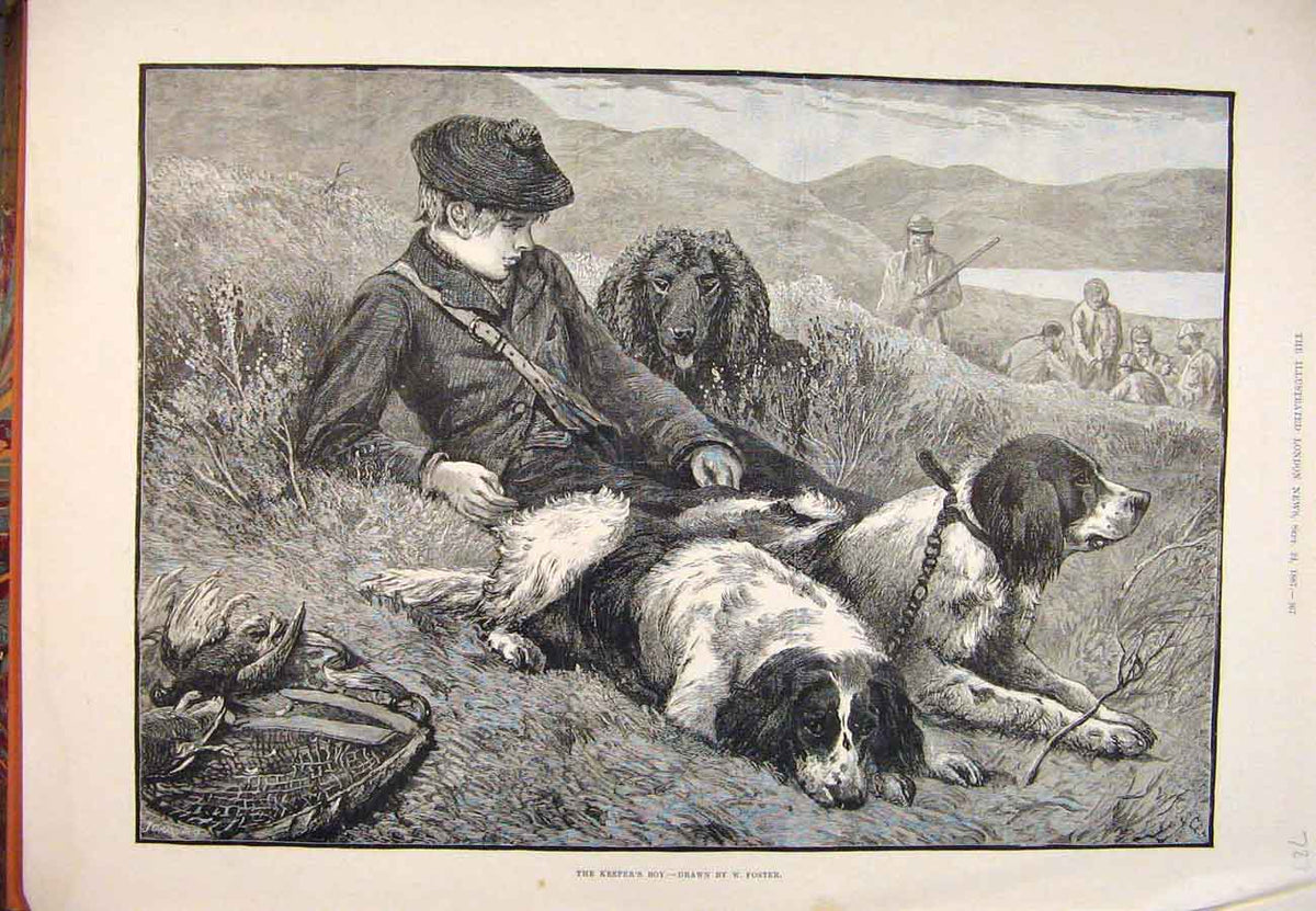 Original Old Antique Print 1887 Keeper'S Boy Foster Shooting Hounds Dogs Birds