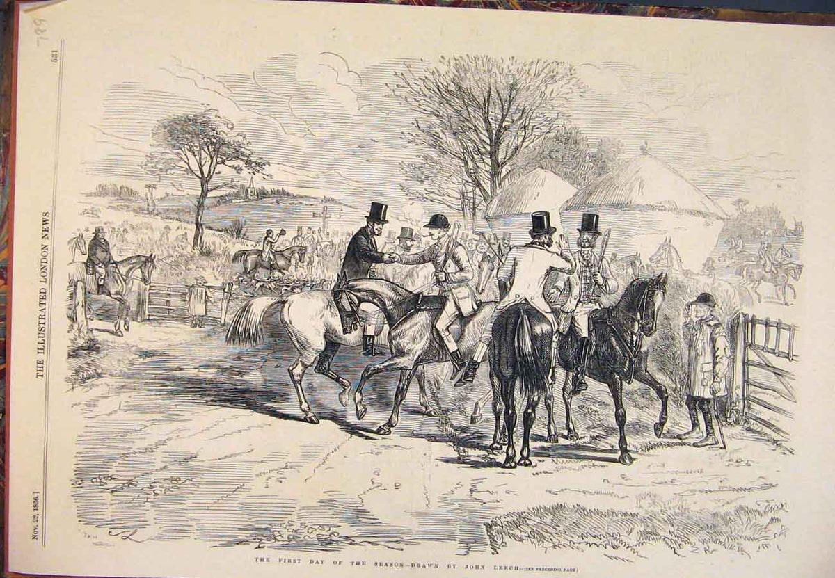 Original Old Antique Print 1856 Hunting Season Leech Huntsmen Meet Hounds 19th
