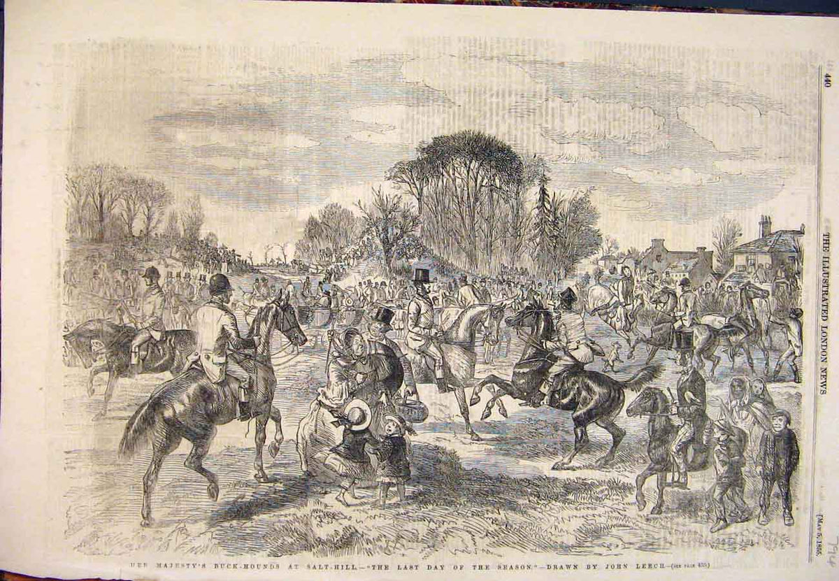 Old Antique Print 1855 Buck-Hounds Salt-Hill Hunting Season Leech Horses 19th