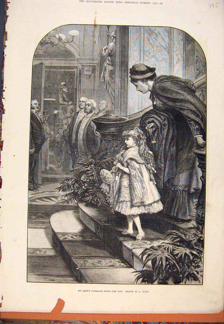 Original Old Antique Print 1878 Lady'S Carriage Child Lady Hunt 19th