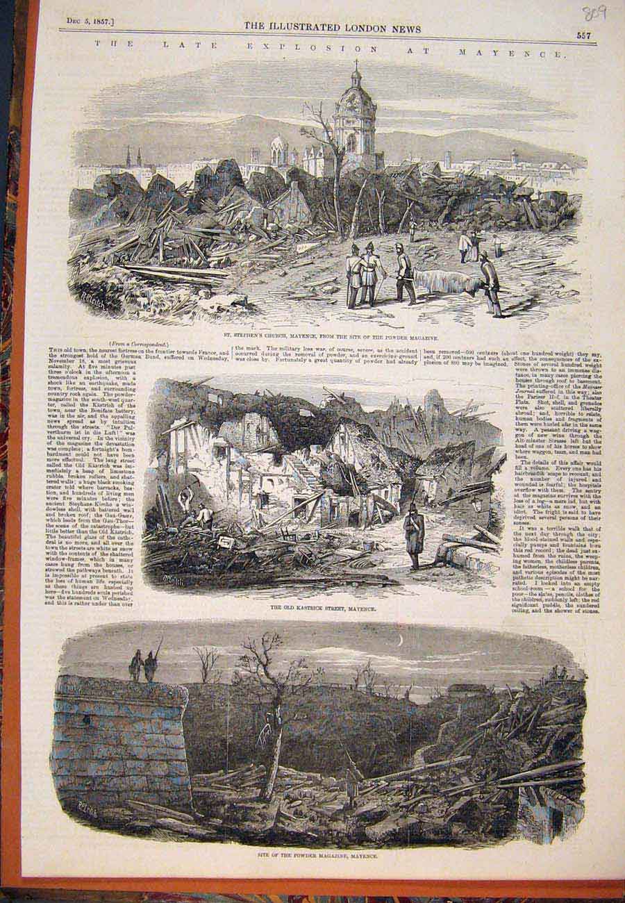 Original Old Antique Print 1857 Mayence Explosion Powder Magazine Church 19th