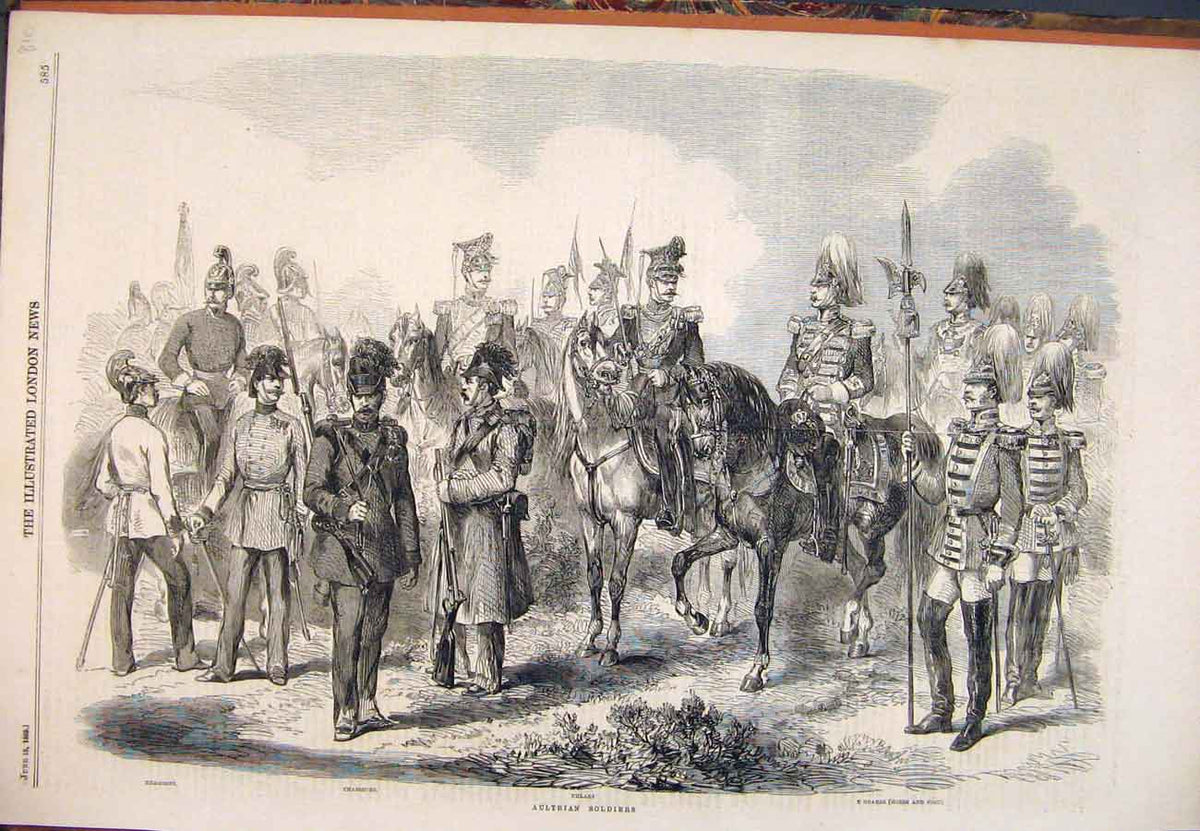 Original Old Antique Print 1859 Austrian Siers Dragoons Chasseur Uhlan Guards