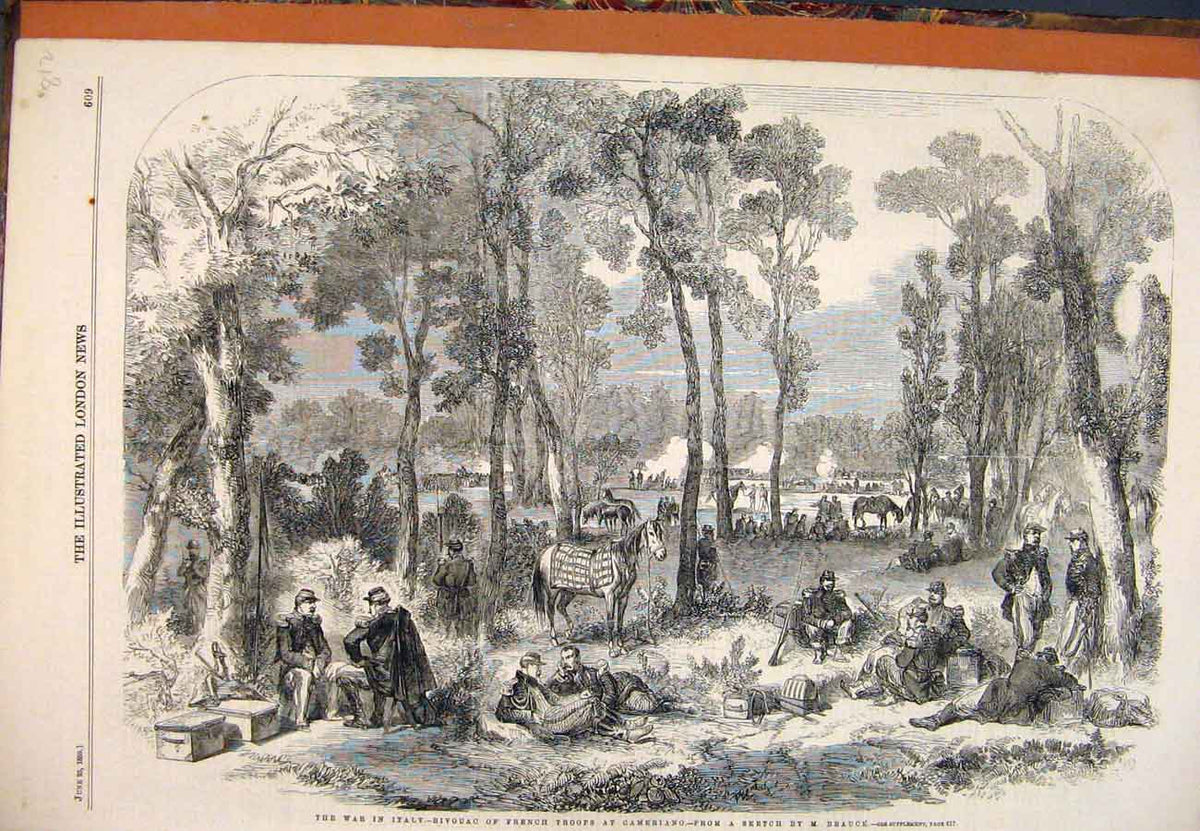Original Old Antique Print 1859 War Italy Bivouac French Troops Cameriano Beauce