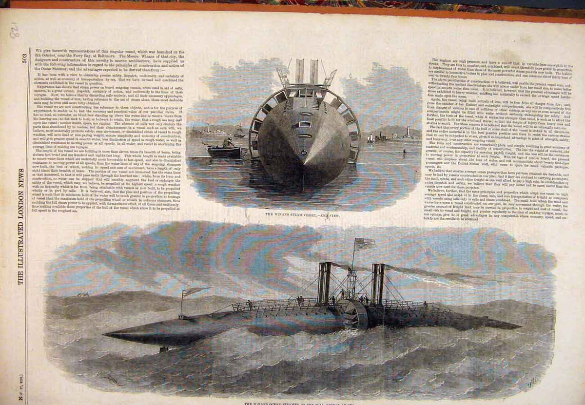 Original Old Antique Print 1858 Winan'S Steam Vessel Ship Ocean Steamer Winan