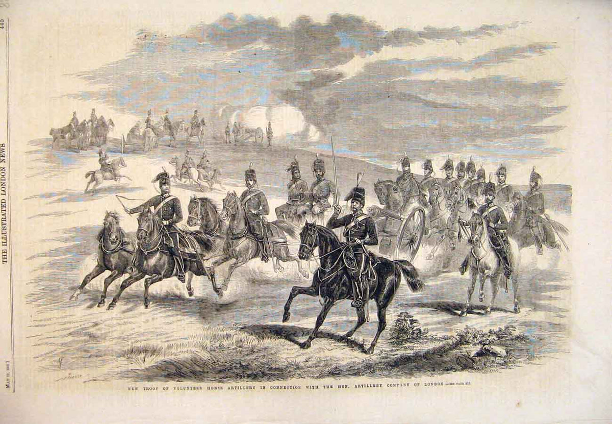 Original Old Antique Print 1860 Troop Volunteer Horse Artillery London Military